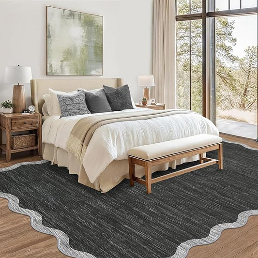 GarveeHome Scalloped Washable Area Rug 8x10 Rug for Living Room Modern Rug Non Slip Throw Rugs Large Rugs for Bedroom Low Pile Non Shedding Stain Resistant Carpet for Dining Room 8 ft x10 ft Black