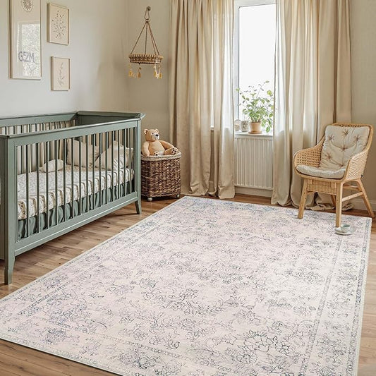 jinchan 5x7 Ivory Area Rugs for Living Room – Machine Washable Vintage Floral Soft Stain Resistant Low Pile Rug,Non Slip Ultra-Thin Carpet for Bedroom,Dining Room,Home Office,Nursery (5'x7',Ivory)