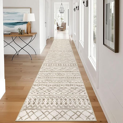 KUTA Moroccan Washable Hallway Runner Rug, 2.6x12 Non-Slip Vintage Beige Boho Kitchen Rugs Ultra Soft Distressed Geometric Floor Carpet Runners for Bedroom Laundry Living Room