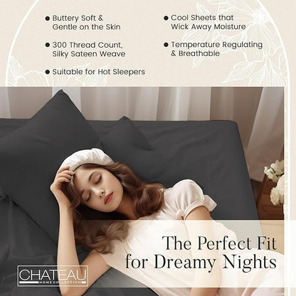 300 Thread Count Organic Cotton Sheets Full Sheet Set Deep Pocket, 100% Cotton Bed Sheets Full Size Set, No Pill Soft & Comfy Naturally Cool Breathable Elasticated Sheet & Pillowcase Sets - Charcoal