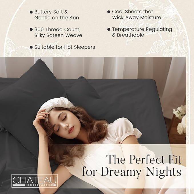 100% Organic Cotton Twin XL Sheets Set, 300TC Sateen Weave 3PC Twin XL Bed Sheets, Elasticated Sheet & Pillowcase Sets, Soft & Comfy No lint Machine Washable Grey Sheet, Fade Resistant- Charcoal