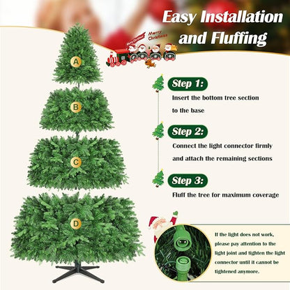 GGOYING 9FT Pre-Lit Flocked Christmas Tree with Rotating Stand & Remote, Green Dense Branches, Realistic Holiday Decorations, LED Lights (RGB + Warm White)