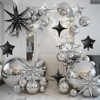Black Silver Star Balloon,16Pcs Star Foil Balloons Set with 22Inch Explosion Spike Cone Balloons and 10Inch Quadrangle Helium Balloon for Birthday Wedding Baby Shower Party Decorations