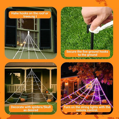 Halloween Spider Giant Web Lights: 350 LED Lighted Giant 23 Ft Halloween Decorations Light up with 8 Lighting Modes Outdoor Indoor Yard House Decor, Purple & Orange (350LED 23FT Giant Spider Web)