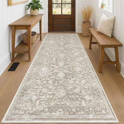 KILOCOCO Hallway Runner 3x8 Rug Runner Printed Vintage Floral Washable Kitchen Runners Non-Slip Rubber Backed Runners for Hallways Laundry Room Distressed Boho Rugs for Entryway Bedroom, Beige