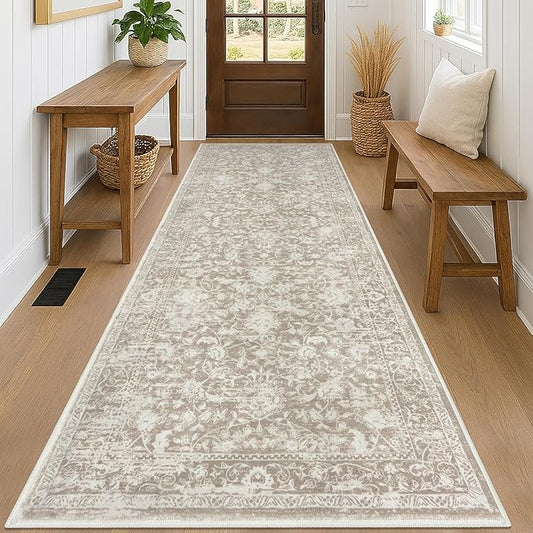 KILOCOCO Hallway Runner 3x8 Rug Runner Printed Vintage Floral Washable Kitchen Runners Non-Slip Rubber Backed Runners for Hallways Laundry Room Distressed Boho Rugs for Entryway Bedroom, Beige