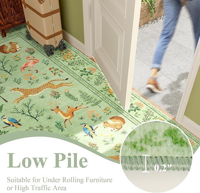 DUKINO 2x6 Rug for Hallway, Washable Kitchen Runner Rug with Non Slip Backing, Soft Low Pile Vintage Animal Runner for Bedroom, Kitchen, Hallway, Entryway, Laundry, Light Green