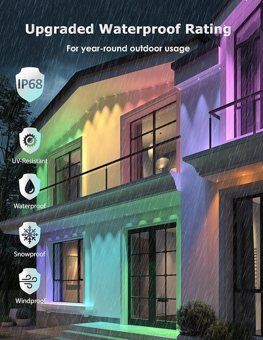 100ft Permanent Outdoor Lights, Smart RGB+IC Eave Lights, 60 Bright LEDs with 75 DIY Scene Modes & 16 Million Colors, Work with Alexa/App, IP68 Waterproof Light for House Holiday Christmas