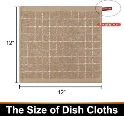 Mordimy 100% Cotton Terry Cloth Dish Cloths, Soft and Absorbent Checkered Dish Towels, Quick Drying Dish Rags for Washing Dishes, 8 Pack, 12 x 12 Inches, Tan