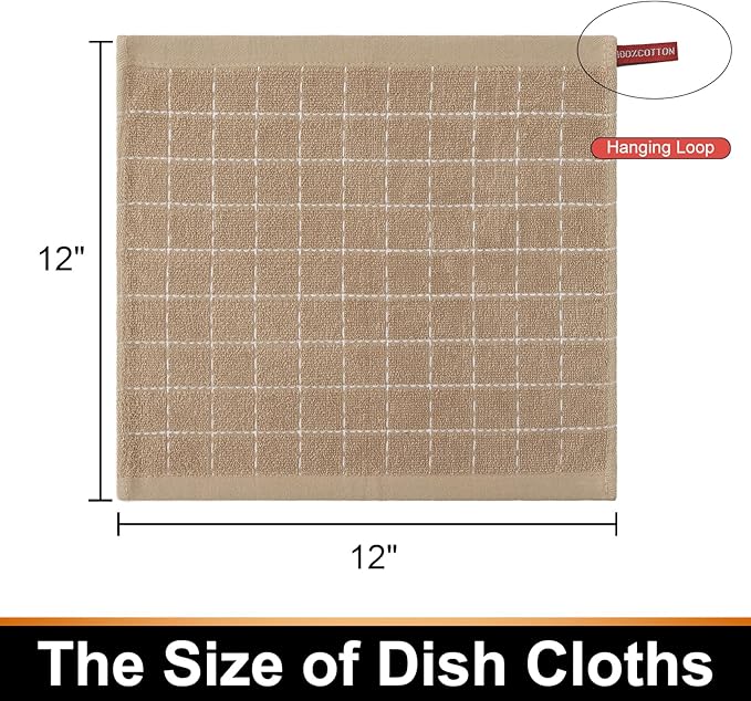 Mordimy 100% Cotton Terry Cloth Dish Cloths, Soft and Absorbent Checkered Dish Towels, Quick Drying Dish Rags for Washing Dishes, 6 Pack, 12 x 12 Inches, Tan