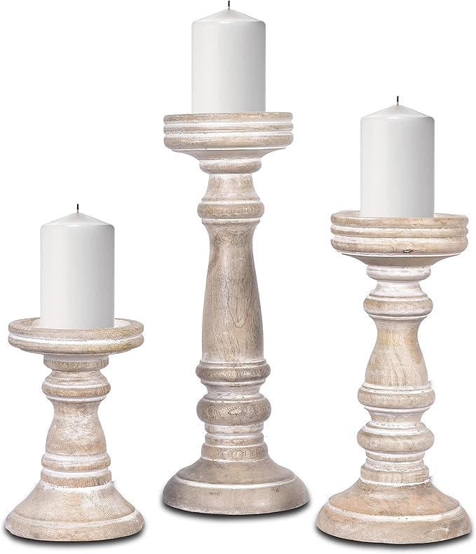Mela Artisans Whitewashed Hand Carved Wooden Pillar Candle Holders - Set of 3 | Chennai Decorative Style | Crafted from Mango Wood | Rustic Table Centerpiece Decor | Sized 6", 9" and 12"