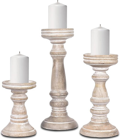 Mela Artisans Whitewashed Hand Carved Wooden Pillar Candle Holders - Set of 3 | Chennai Decorative Style | Crafted from Mango Wood | Rustic Table Centerpiece Decor | Sized 6", 9" and 12"