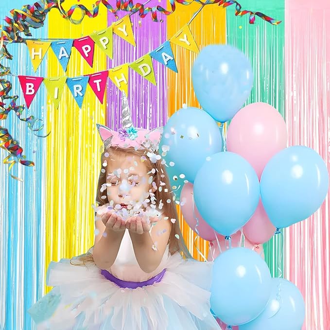 BRAVESHINE Tinsel Foil Fringe Curtains - 2Pcs 3.2x8.2ft Pastel Colourful Photo Backdrop for Christmas New Years Princess Birthdays Easter Bunny Bridal Shower Fairy Candy Donuts Party Decorations