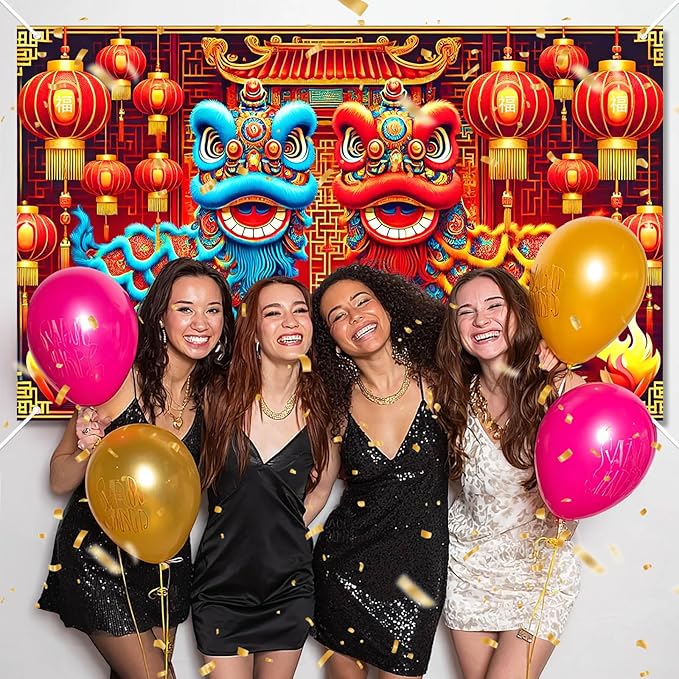 Chinese New Year Lion Dance Backdrop Happy New Year Banner Red Gold Lantern Festival Party Background Traditional Lunar New Years Wall Decor for Home Party Event Photo Booth 71x43 Inch