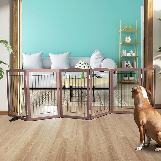 ZJSF Freestanding Dog Fence Indoor, Foldable Dog Gate for Doorways, Stairs or Hallways, Sturdy Wood Extra Wide Pet Gate with Support Feet for The House, Brown, 32 "Height-6 Panels
