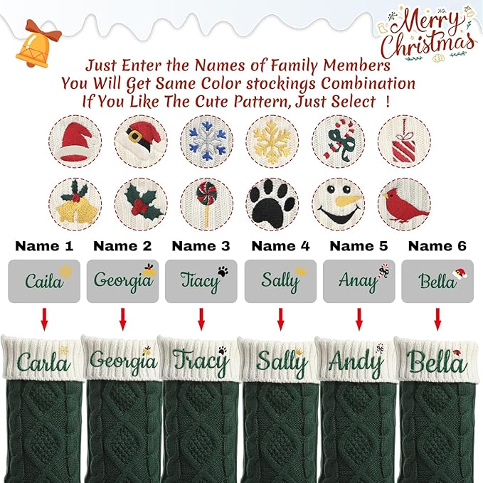 Personalized Christmas Stockings,Custom Embroidered Name+Logo Xmas Knitted Stockings 18'',Holiday and Family Stocking for Fireplace Christmas Holiday Party Decoration 1-6Pack（Green White）