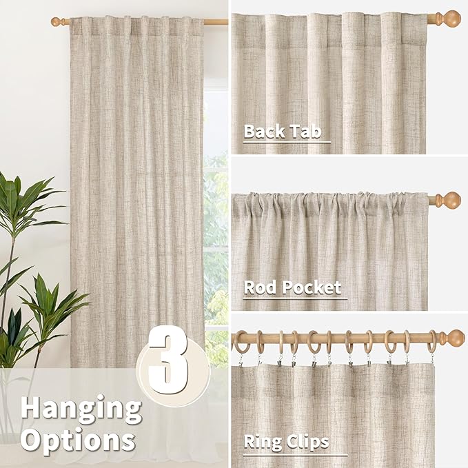 YoungsTex Short Linen Curtains 45 Inch Length for Kitchen Windows, Natural Light Filtering Drapes with Rod Pocket Back Tab Semi Sheer for Bathroom Cafe Window, 2 Panels, 42 X 45 Inch
