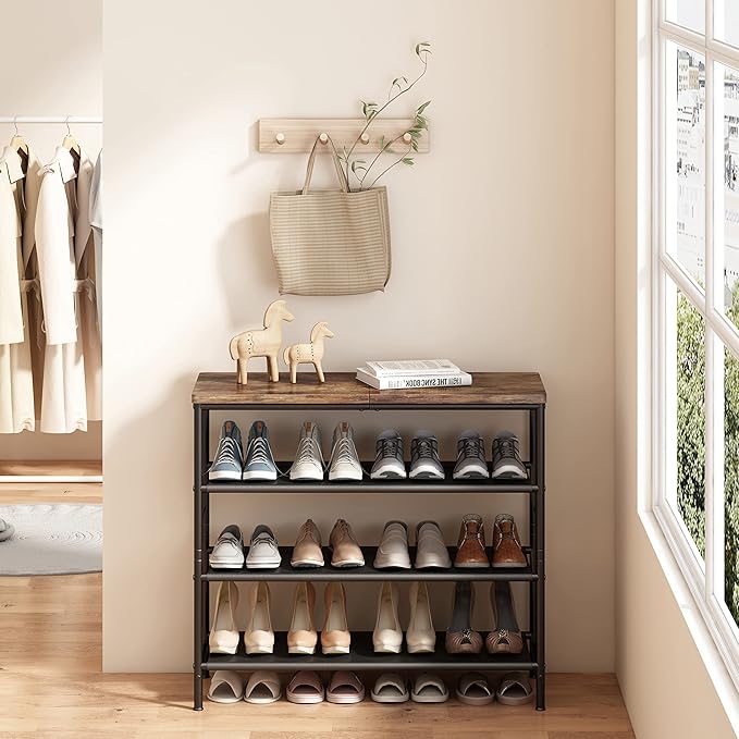 Shoe Rack Organizer 5 Tier Metal Organizer Shelf with Industrial MDF Board and Layer Fabric for Entryway Closet Bedroom Living Room Garage,Black & Rustic Brown (Black+Rustic Brown, 4 Tier)