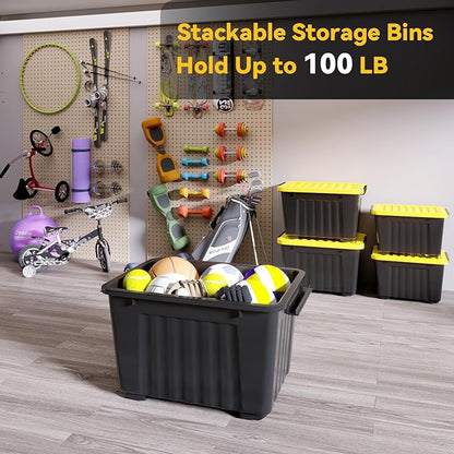 Nazhura 97 Quart Plastic Storage Bin, Stackable and Nestable Storage Boxes with Yellow Lids and Secure Latching Buckles, Large Storage Container (Black/Yellow, 97Quart-4Pack)
