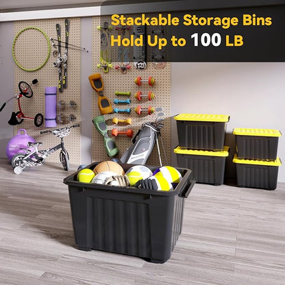 Nazhura 97 Quart Plastic Storage Bin, Stackable and Nestable Storage Boxes with Yellow Lids and Secure Latching Buckles, Large Storage Container (Black/Yellow, 97Quart-6Pack)