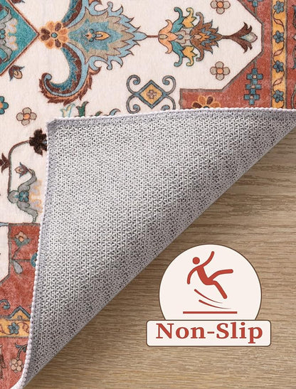 SERISSA Boho Washable Runner Rug, 2x5 Rug Non-Slip Vintage Orange Hallway Kitchen Runner Rug Ultra Soft Print Distressed Floor Carpet for Bedroom Bathroom Laundry Living Room