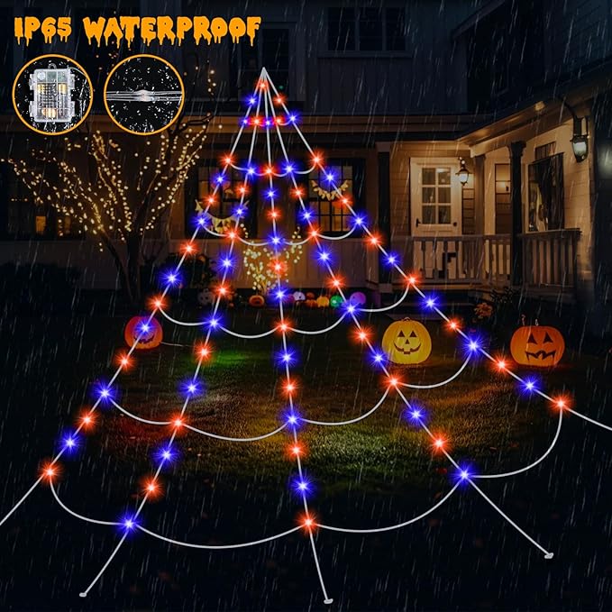 16.4 Ft Halloween Spider Webs Lights Decorations 250 Purple & Orange LED Lights with 40 Small Spiders, Halloween Giant Spiderweb Lights Outdoor Decor for Yard Haunted House Party