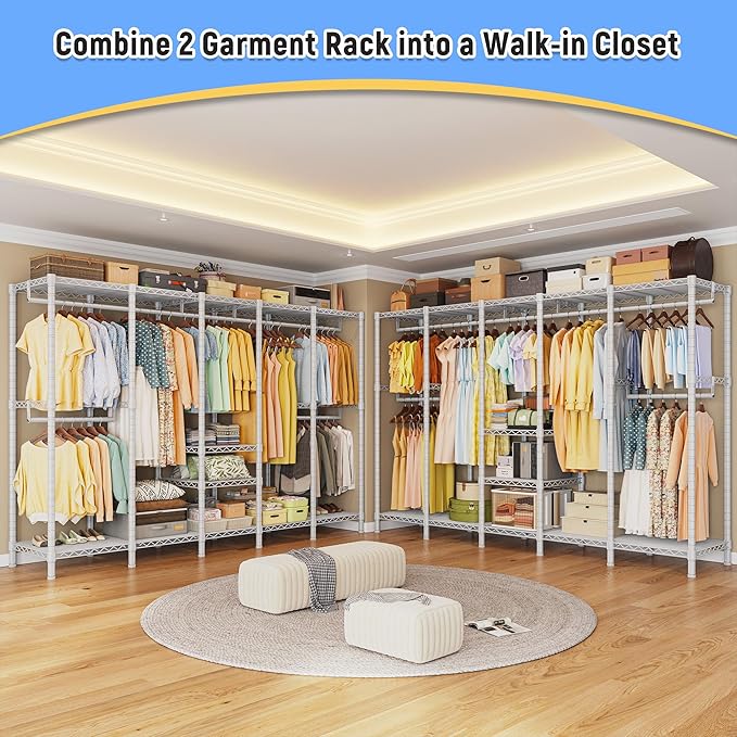 Raybee 88.2" W Clothes Rack Heavy Duty Clothing Racks for Hanging Clothes Portable Closet Loads 1200LBS Freestanding Garment Rack for Bedroom 88.2" W x 75.6" H x 15.7" D, White