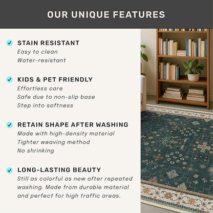 Dark Green 4x6 Living Room Rug - Modern Vintage Boho Floral Forest, Washable Low Pile Non-Slip Area Rugs for Door Mat Entrance, Mudroom, Kitchen, Bedroom Beside Bed, Office