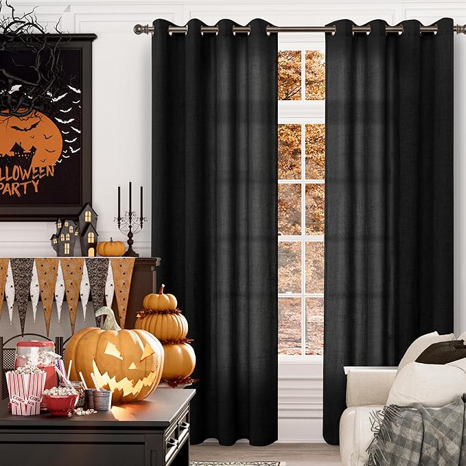 YoungsTex Black Linen Curtains 90 Inch Length for Living Room, Light Filtering Semi Sheer Window Drapes with Bronze Grommet Privacy Decorative for Bedroom Farmhouse, 52 x 90 Inch, 2 Panels