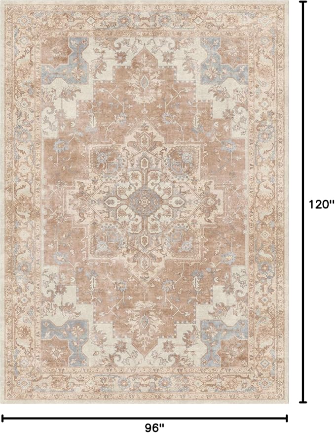 GENIMO 8x10 Area Rugs for Living Room, Machine Washable Non Slip Vintage Retro Rugs, Low Pile Lightweight Chenille Print Rug for Bedroom, Dining Room, Home Office, Orange
