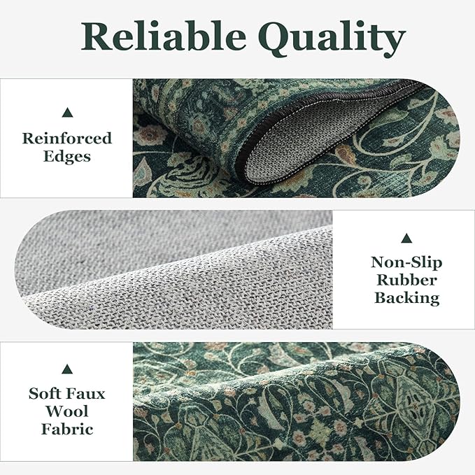 Jainmy Dark Green 2x3 Small Rugs for Entryway, Washable Non Slip Door Mat Indoor Entrance, Vintage Boho Floral Moroccan Printed Entry Rugs for Inside House Kitchen Bathroom, Low Pile Ultra Thin Soft