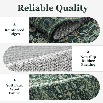 Entryway Rug 3x5 Dark Green, Vintage Boho Floral Moroccan Pattern Printed Throw Rugs for Bedroom Bedside, Low Pile Thin Non Slip Washable Area Rug for Kitchen Foyer Mudroom Dorm