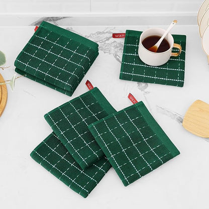 Mordimy 100% Cotton Terrycloth Kitchen Towels and Dishcloths Sets, Soft and Absorbent Checkered Dish Towels, Quick Drying Dish Rags for Washing Dishes, 4 Pack 16" x 26" & 4 Pack 12" x 12", Dark Green