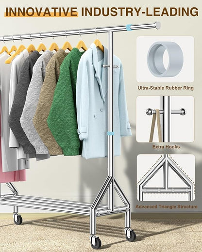 Upgraded 100% Stainless Steel Clothing Rack Load 760LBS, Heavy Duty Clothes Racks with Larger & Sturdy Wheel, Extendable & Adjustable Rolling Garment with Shelves for Hanging Portable Closet Rack