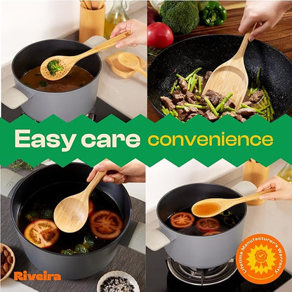 Riveira Brown Bamboo Wooden Spoons for Cooking Set of 6 – Natural Brown Bamboo Wooden Cooking Utensils, Wooden Spatula, Wooden Spoon - Premium Quality Wooden Utensil Set for Non-Toxic Cooking