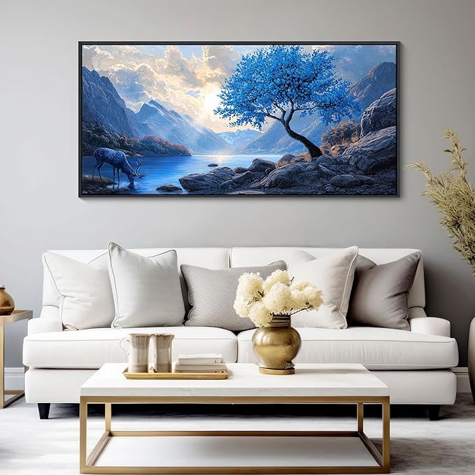 HKDGOKA Large Framed Canvas Wall Art, Blue Tree Mountains Landscape Paintings Artwork, Lake Stone Deer Abstract Modern Wall Picture for Living Room Bedroom Kitchen Farmhouse Home Decor 29x58 IN