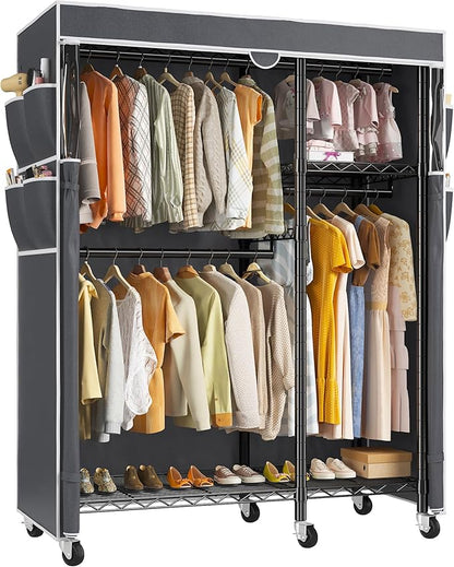 Raybee Clothes Rack with Cover Clothing Racks for Hanging Clothes Heavy Duty Portable Closet with Wheels，Rolling Garment Rack for Bedroom,Black