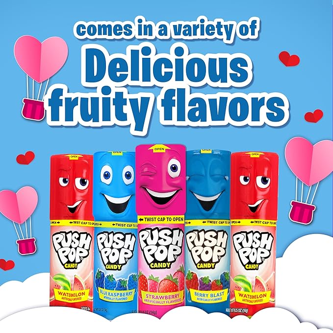 Push Pop Valentine's Candy Variety Pack, 10 Ct Lollipops Individually Wrapped in Fruity Flavors, Bulk Individually Wrapped Hard Candy, Birthday Party Favors, Valentine's Gifts, Goodie Bags for Kids