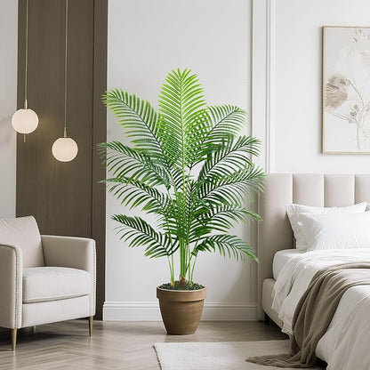 2 Pack Artificial Palm Tree 4FT Artificial Plants Indoor Tropical Fake Palm Tree Areca Floor Plant in Black Pot with 13 Trunks & Real Bark Design, Faux Palm Plant for Outdoor Patio Home Office Decor