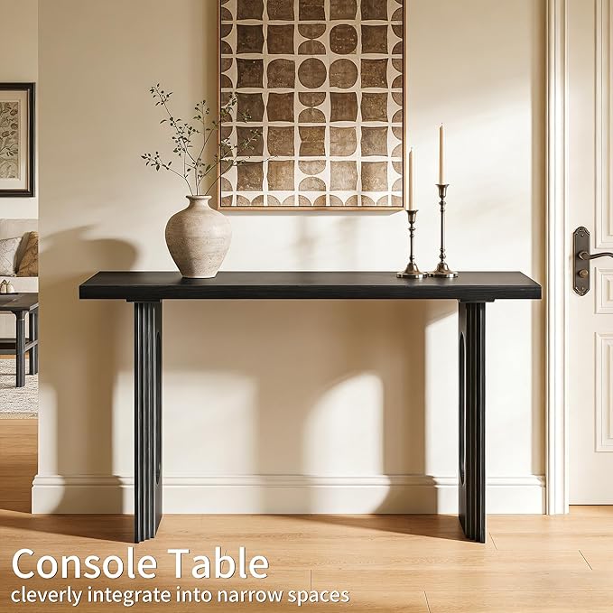 59.2" Entryway Table,Fluted Console Table Modern Farmhouse,Widen Sofa Tables Behind The Couch,Wooden Side Console Table Hollow Support Legs for Living Room/Hallway/Entry Way/Foyer Black