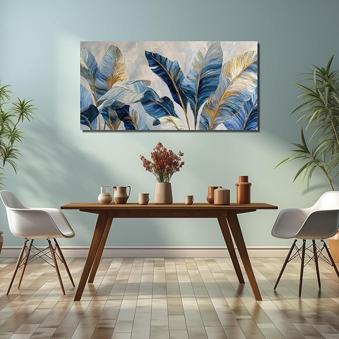 JuhaiArt Gold Banana Leaf Canvas Art for Living Room Bedroom Blue Botanical Picture White Wall Decor 24" x 48"
