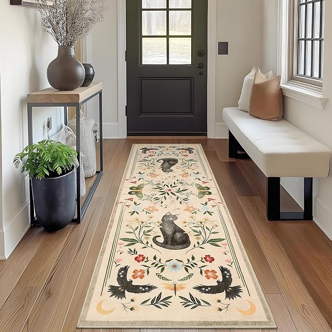 GarveeHome 2x6 Cat Washable Runner Rug for Kitchen, Soft Beige Hallway Runner Non Slip Mushroom Moths Entryway Rug Floral Laundry Mat Stain Resistant Carpet for Bedroom Bathroom Beside Rug