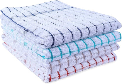 AMOUR INFINI Kitchen Towels Set of 4 - Highly Absorbent, Super Soft Terry Cotton 20x28 Inch Dish Towels with Hanging Loop - Hand & Tea Towels for Cleaning & Drying Dishes (Ass- Blue)