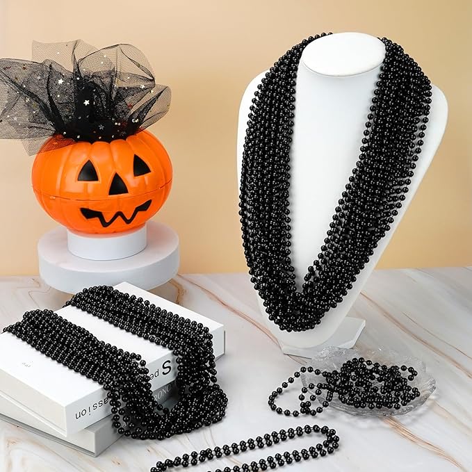 YAXINRUI 144 PCS Black Bead Necklaces, Black Mardi Gras Beads, Halloween Beads Necklace, New Year Eve Necklaces, 33 Inch Black Beaded Necklace for Mardi Gras Christmas Halloween Festive Events