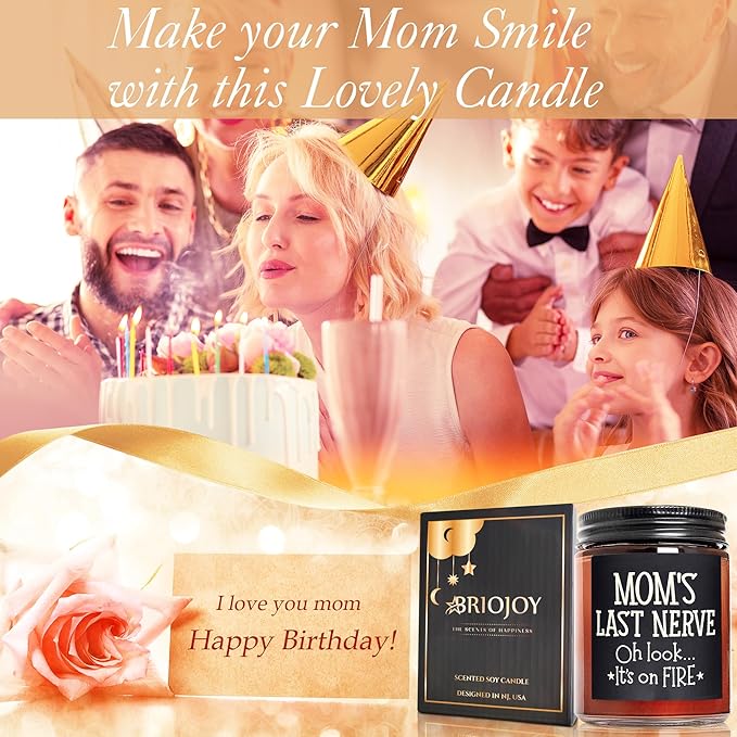 Mom's Last Nerve Candles - Fun Birthday, Mothers Day Gifts from Daughter, Son - Best Funny Stress Relief, Relaxing Gifts for Women, Wife, New Mom - Jasmine Scented Soy Wax Jar Candle for Home