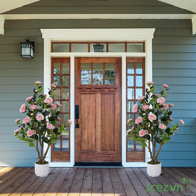 2 Pack Artificial Camellia Tree with White Pot, 38" Faux Potted Plants for Indoor Outdoor Decor, Tall Silk Greenery Plant for Home Office Living Room Balcony, Pink