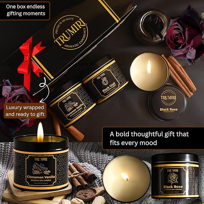 Candle Gift Set of 3 Black Oud|Cinnamon Vanilla|Black Rose Strong Scented Soy Candels Clean Non Toxic Velas Aromáticas Favors for Women Coworkers Friends Guests Also for Diwali Christmas Holidays