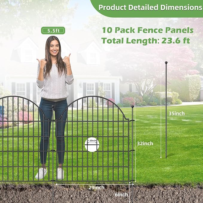 Decorative Metal Garden Fence 10 Panels, 32in (H) x 23.6ft (L) No Dig Dog Fence Outdoor for Yard, Temporary Rustproof Metal Wire Rabbit Dog Garden Border Fencing for Patio