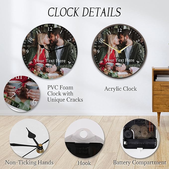 Custom Family Wall Clock with Photo Text, Personalized Picture Wall Clocks for Living Room Decor Customized Gift for Christmas Birthday Anniversary Wedding Valentine's Fits Kitchen Bathroom