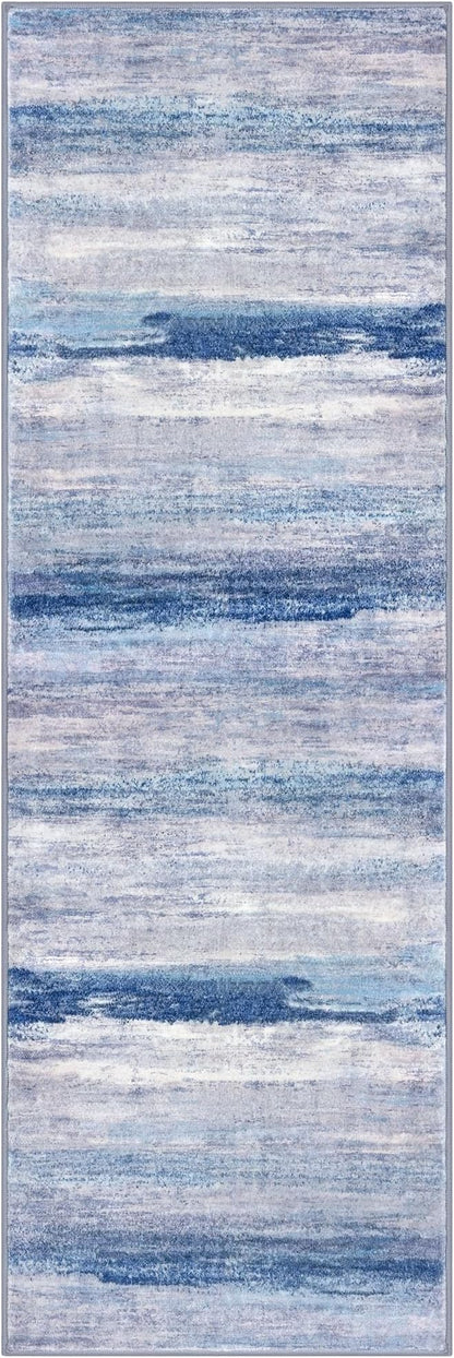 KOZYFLY Modern Abstract Kitchen Runner Rug, 2x6 Washable Rug Runner Non-Slip Soft Striped Hallway Runner Rugs, Blue/Grey/Beige Print Carpet Runner for Entryway Bathroom Laundry Room Foyer